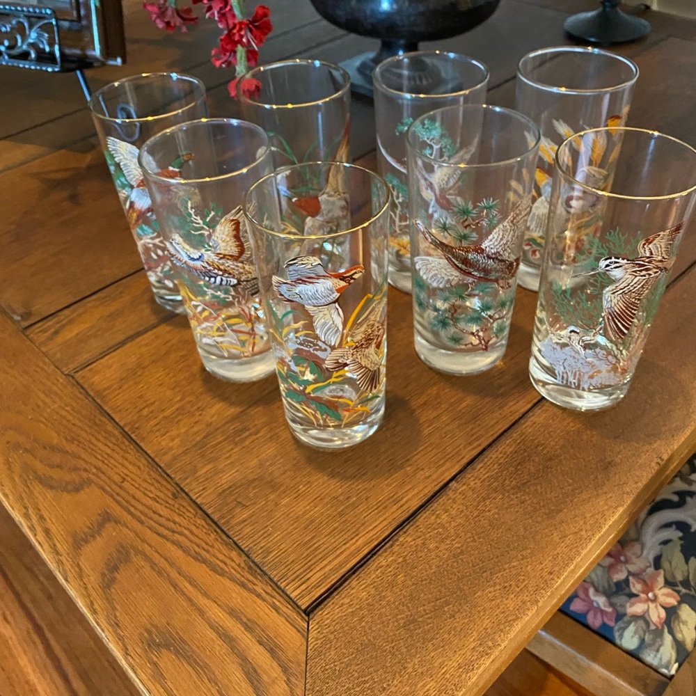Vintage Waterfowl Gold-Rimmed Tall Glasses-Set of 8-in perfect condition.